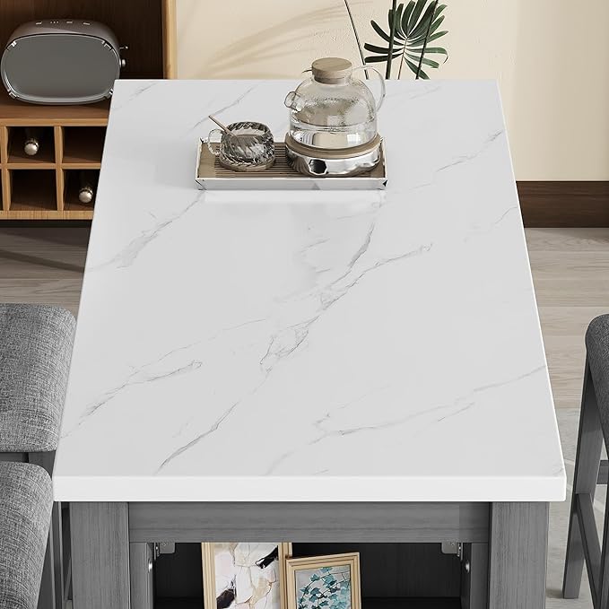 5-Piece Wooden Counter Height Dining Table Set with Faux Marble Veneer and Built-in Storage Shelves, 2 Upholstered Chairs and 2 Barstools, for Kitchen, Breakfast Nook, Bar, Living Room, Gray - LeafyLoom