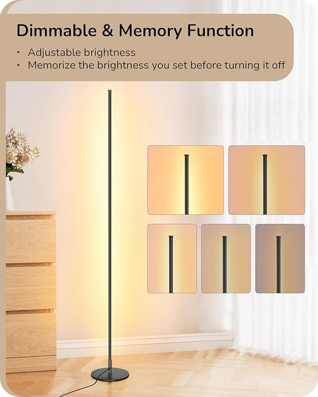 EDISHINE LED Corner Floor Lamp with Remote, 57.5" Minimalist Dimmable Mood Lighting, Standing Tall Pole Lamp for Living Room, Bedroom, Home Office, 3000K Warm White Light (Black) - LeafyLoom