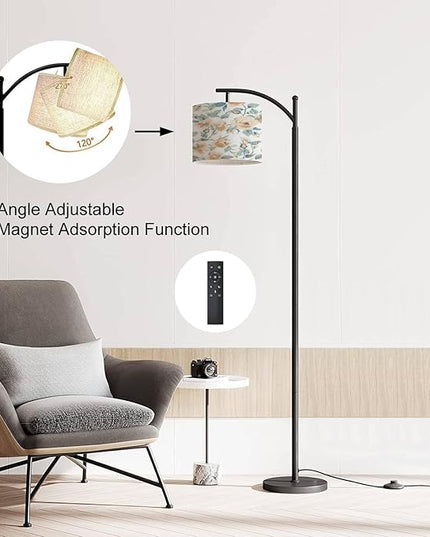 Modern Arc Floor Lamp with Dimmer Mid Century Seamless spring flowers leaves modern pastel summer winter rose floral Metal Standing Lamp with Linen Shade Footswitch for Living Room Bedroom Office - LeafyLoom
