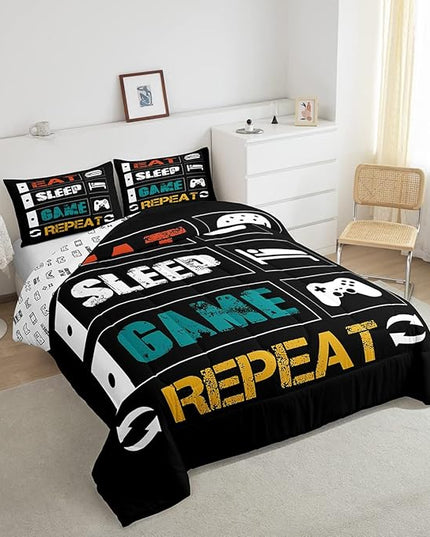 Gamer Comforter Sets for Boys King Size Gaming Bedding Set Teens Kids Games Controller Comforter Room Decor Funny Creative Eat Sleep Game Repeat Design Reversible Inner Fill Comforter for All Season - LeafyLoom