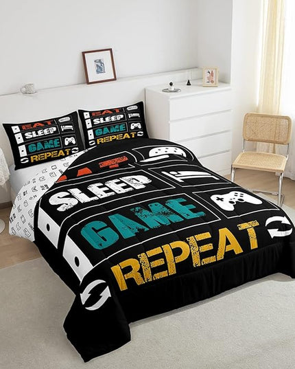 Boys Gaming Comforter Sets for Kids Twin Size Gamer Bedding Set Teens Video Games Comforter Duvet Room Decor Funny Creative Eat Sleep Game Repeat Design Reversible Inner Fill Quilt Set All Season - LeafyLoom
