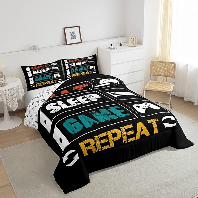 Gamer Comforter Set Full Gaming Bedding Set for Boys Teens Girls Kids Video Games Controller Comforter Funny Creative Eat Sleep Game Repeat Design Reversible Down Comforter for All Season Room Decor - LeafyLoom