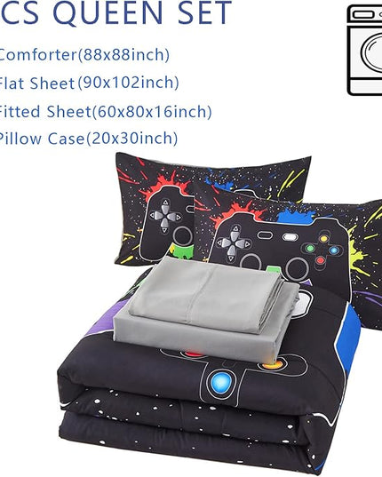 KAKKI 5 Piece Boys Queen Gamer Comforter Set with Sheets, 3D Colorful Video Game Controller Comforter for Kids Teen, All Season Soft Microfiber Gaming Bedding Set(Black,Queen) - LeafyLoom