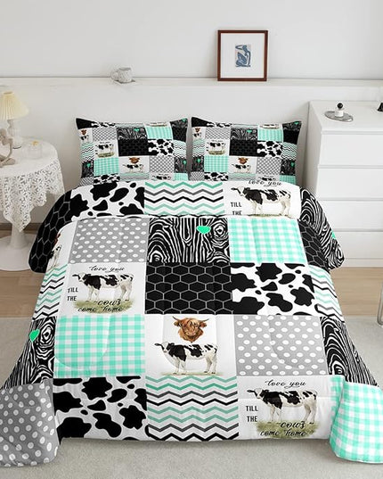Cute Cow Print Comforter Set King Size Kawaii Highland Cow Bedding Set Bedroom Decor Honeycomb Plaid Pattern Geometric Stripes Down Comforter Cartoon Farm Animals Duvet Set, Green Black Grey - LeafyLoom