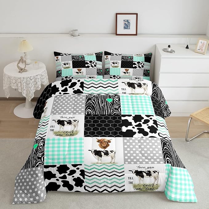 Cute Cow Print Comforter Set Twin Size Kawaii Highland Cow Bedding Set Bedroom Decor Honeycomb Plaid Pattern Geometric Stripes Down Comforter Cartoon Farm Animals Duvet Set, Green Black Grey - LeafyLoom