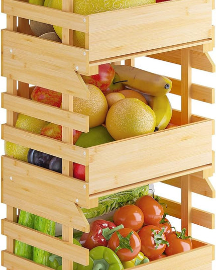 G.a HOMEFAVOR Bamboo Fruit Basket Stand, Potato and Onion Storage Cart, 3-Tier Fruit Basket with Wheels, Vegetable Storage for Kitchen Floor (Self-assembly) - LeafyLoom