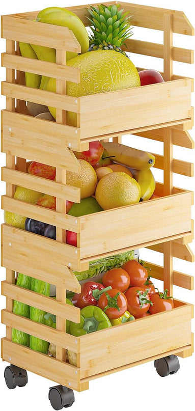 G.a HOMEFAVOR Bamboo Fruit Basket Stand, Potato and Onion Storage Cart, 3-Tier Fruit Basket with Wheels, Vegetable Storage for Kitchen Floor (Self-assembly) - LeafyLoom