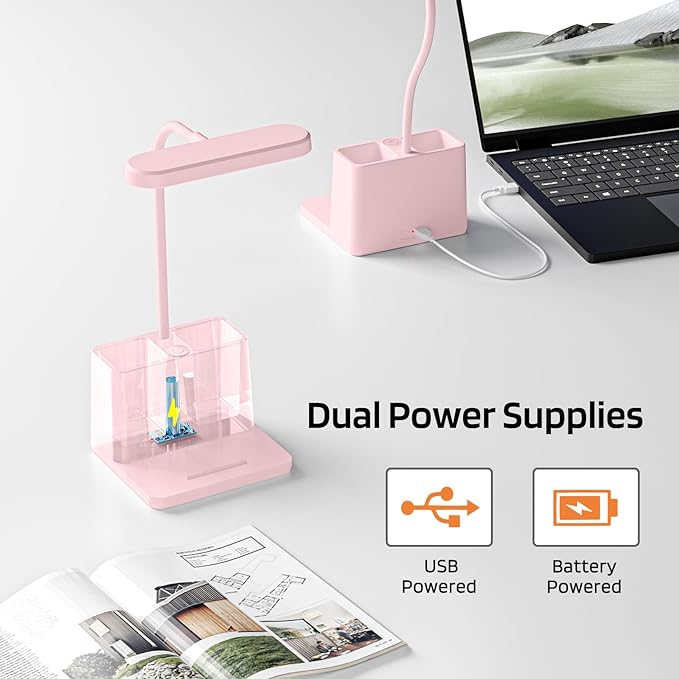 AXX Cute Desk Lamp, Pink Desk Light for Kids, Women, Teen Girls, LED Table Lamp for Bedroom Reading - Small, Rechargeable, Battery Operated, Adjustable - Office Accessories/College Essentials - LeafyLoom