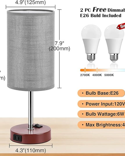 ZJOJO Table Lamp Bedside Lamps for Bedroom, Lamps for Bedrooms Set of 2 with 3 Way Dimmable Using Rocker Switch Nightstand Lamp Night Lamp with AC 2 Outlets for Living Room/Reading Room - LeafyLoom