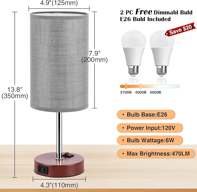 ZJOJO Table Lamp Bedside Lamps for Bedroom, Lamps for Bedrooms Set of 2 with 3 Way Dimmable Using Rocker Switch Nightstand Lamp Night Lamp with AC 2 Outlets for Living Room/Reading Room - LeafyLoom