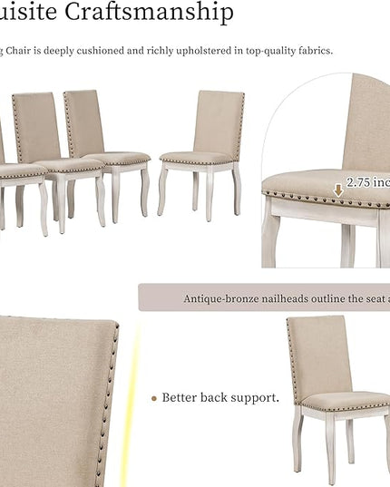RITSU 5-Piece Farmhouse Round Retractable Table Set with 4 Upholstered Dining Chairs, Copper Ingot Trim, MDF and Rubber Wood for Living Room, Apartment, Antique White, 58inch - LeafyLoom
