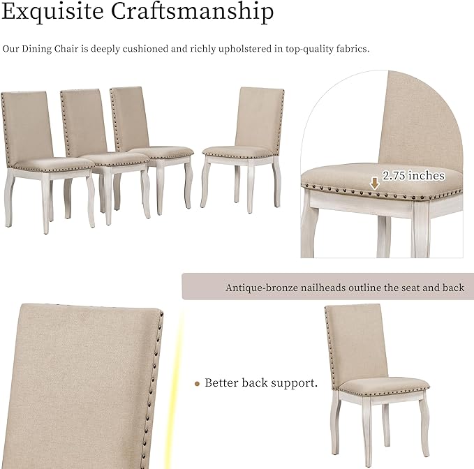 RITSU 5-Piece Farmhouse Round Retractable Table Set with 4 Upholstered Dining Chairs, Copper Ingot Trim, MDF and Rubber Wood for Living Room, Apartment, Antique White, 58inch - LeafyLoom