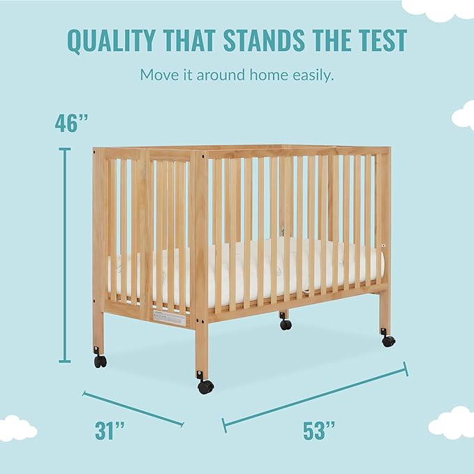 Quinn Full-Size Folding Crib in Natural, Removeable Wheels, Modern Nursey, Adjustable Mattress Support, Portable Crib, Patented Folding System - LeafyLoom