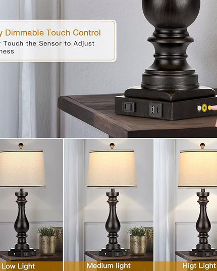 29" Tall Table Lamp for living room set of 2,Farmhouse Vintage Bedside Nightstand Lamps with USB C+A Ports & AC Outlet,3-Way Dimmable Touch Control Retro Black Lamp for Bedroom,color 5 - LeafyLoom