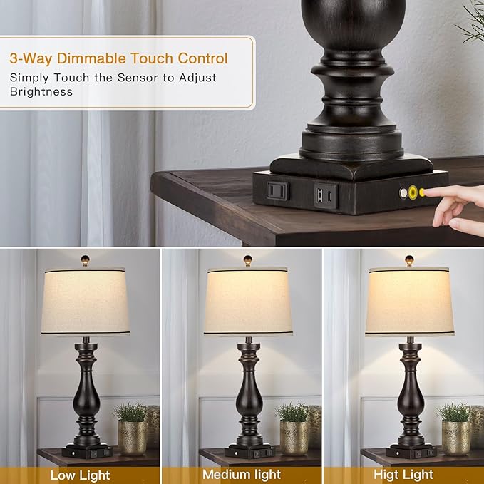 29" Tall Table Lamp for living room set of 2,Farmhouse Vintage Bedside Nightstand Lamps with USB C+A Ports & AC Outlet,3-Way Dimmable Touch Control Retro Black Lamp for Bedroom,color 5 - LeafyLoom