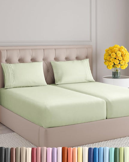Split King Size 5 Piece Sheet Set - Comfy Breathable & Cooling Sheets - Hotel Luxury Bed Sheets for Women & Men - Deep Pockets, Easy-Fit, Soft & Wrinkle Free Sheets - Light Sage Green Oeko-Tex Sheets - LeafyLoom