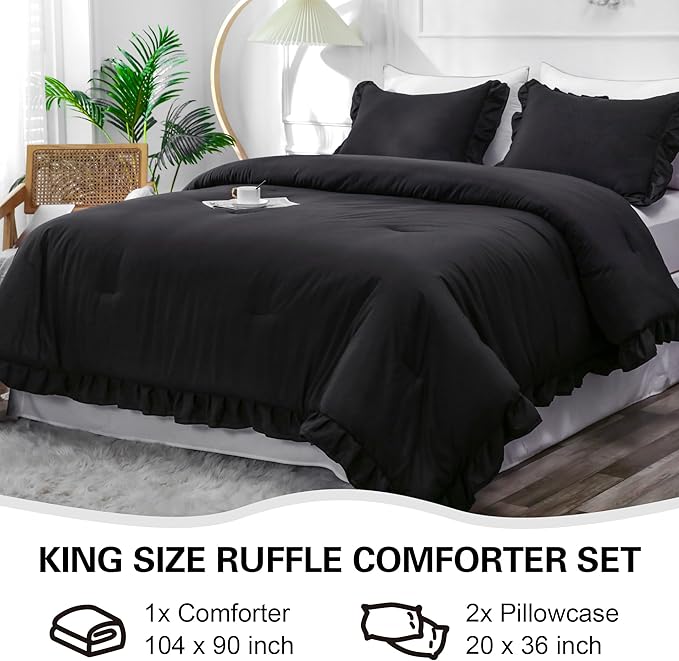 Black Double Ruffle Comforter Set King Size (104x90 Inch), 3 Pcs Farmhouse Vintage Comforter Set (1 Ruffled Comforter and 2 Pillowcase), Rustic All Season Down Alternative Bedding Set - LeafyLoom