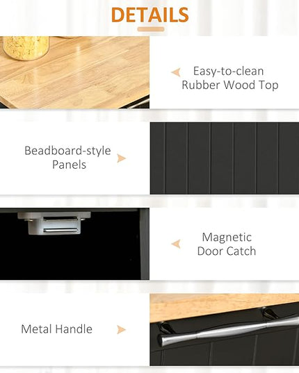 HOMCOM 41" Modern Rolling Kitchen Island on Wheels, Utility Cart Storage Trolley with Rubberwood Top & Drawers, Black - LeafyLoom
