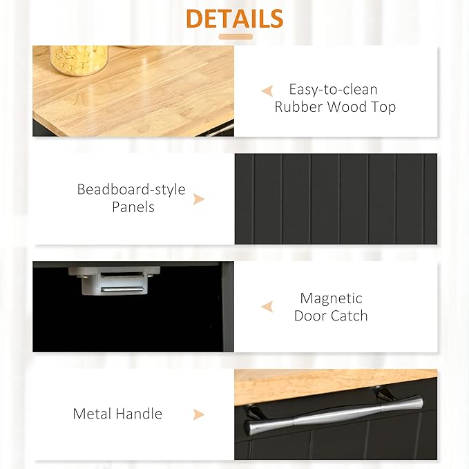 HOMCOM 41" Modern Rolling Kitchen Island on Wheels, Utility Cart Storage Trolley with Rubberwood Top & Drawers, Black - LeafyLoom