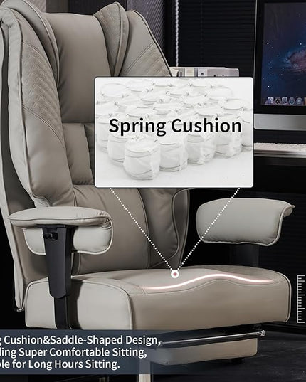 Big and Tall Office Chair 400lbs Wide Seat, Leather High Back Executive Office Chair with Foot Rest, Ergonomic Office Chair Lumbar Support for Lower Back Pain Relief (Light Grey) - LeafyLoom