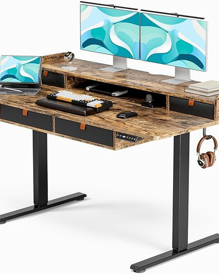 Deeper Electric Standing Desk Adjustable Height Stand Up Desk, 55" x 30" Sit Stand Desk, Quiet Home Office Desk, Large Workspace, Black table (Rustic Brown) - LeafyLoom