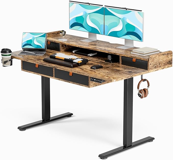Deeper Electric Standing Desk Adjustable Height Stand Up Desk, 55" x 30" Sit Stand Desk, Quiet Home Office Desk, Large Workspace, Black table (Rustic Brown) - LeafyLoom
