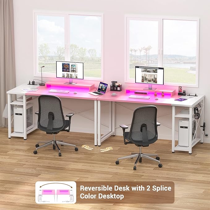 armocity 47 Gaming Computer Desk with LED Lights, Power Outlet and USB, Reversible Laptop Table with Moveable Monitor Stand for Small Spaces, Office, Gaming Room, Pink and White - LeafyLoom