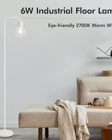 Industrial Floor Lamp, White Standing Lamp Modern with 6W LED Bulb, Foot Switch, Metal Tall Floor Lamps for Living Room, Bedroom, Office, Den, Vintage Stand Up Light, Minimalist Mid Century Pole Lamp - LeafyLoom