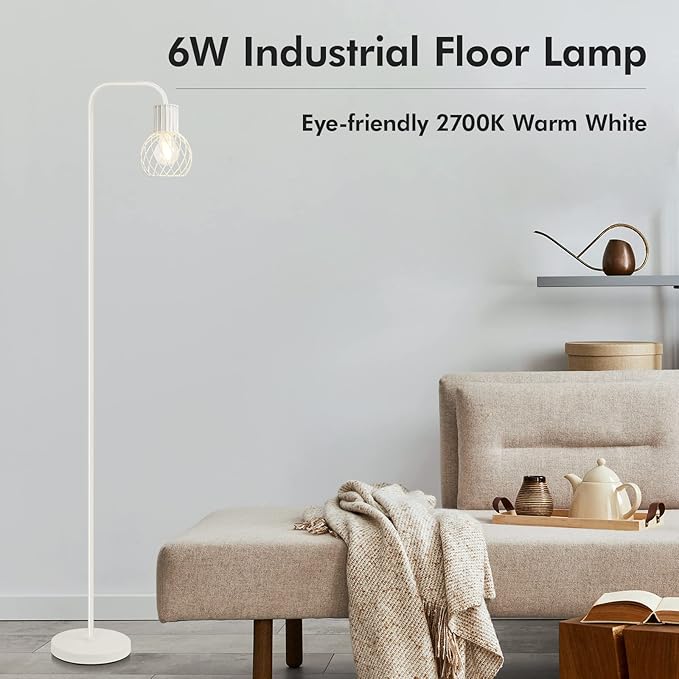 Industrial Floor Lamp, White Standing Lamp Modern with 6W LED Bulb, Foot Switch, Metal Tall Floor Lamps for Living Room, Bedroom, Office, Den, Vintage Stand Up Light, Minimalist Mid Century Pole Lamp - LeafyLoom