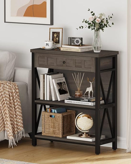 FATORRI Rustic Bookshelf with Drawer, Industrial Wood and Metal Bookcase, Small Book Shelf and Low Book case for Small Space (Walnut Brown) - LeafyLoom