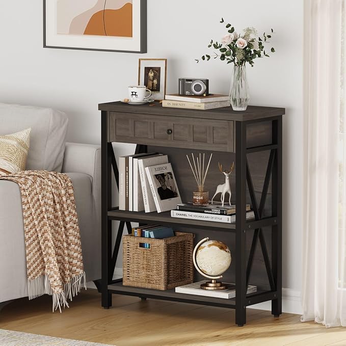 FATORRI Rustic Bookshelf with Drawer, Industrial Wood and Metal Bookcase, Small Book Shelf and Low Book case for Small Space (Walnut Brown) - LeafyLoom
