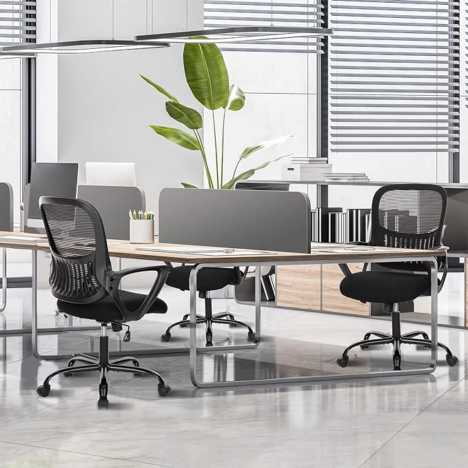 SMUG Office Computer Desk Chair, Ergonomic Mid-Back Mesh Rolling Work Swivel Task Chairs with Wheels, Comfortable Lumbar Support, Comfy Arms for Home, Bedroom, Study, Dorm, Student, Adults, Black - LeafyLoom