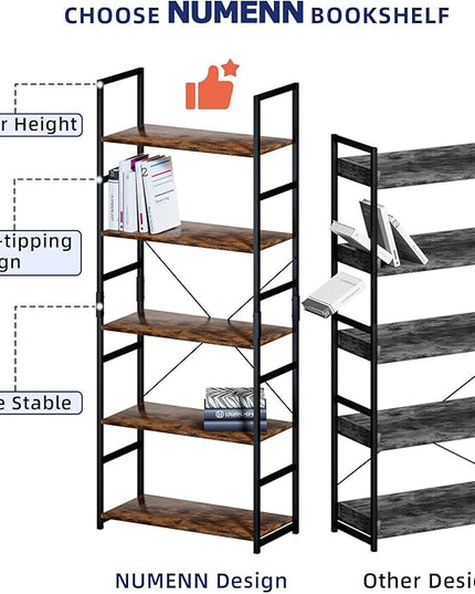 NUMENN 5 Tier Bookshelf, Tall Bookcase Shelf Storage Organizer, Modern Book shelf for Bedroom, Living Room and Home Office, Vintage - LeafyLoom