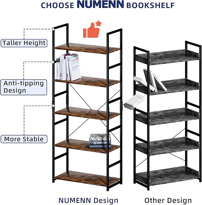 NUMENN 5 Tier Bookshelf, Tall Bookcase Shelf Storage Organizer, Modern Book shelf for Bedroom, Living Room and Home Office, Vintage - LeafyLoom