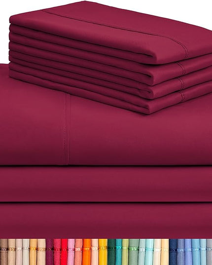 LuxClub 7 PC Split King Sheet Set, Breathable Luxury Bed Sheets, Deep Pockets 18" Eco Friendly Wrinkle Free Cooling Sheets Machine Washable Hotel Bedding Silky Soft - Burgundy Split King - LeafyLoom