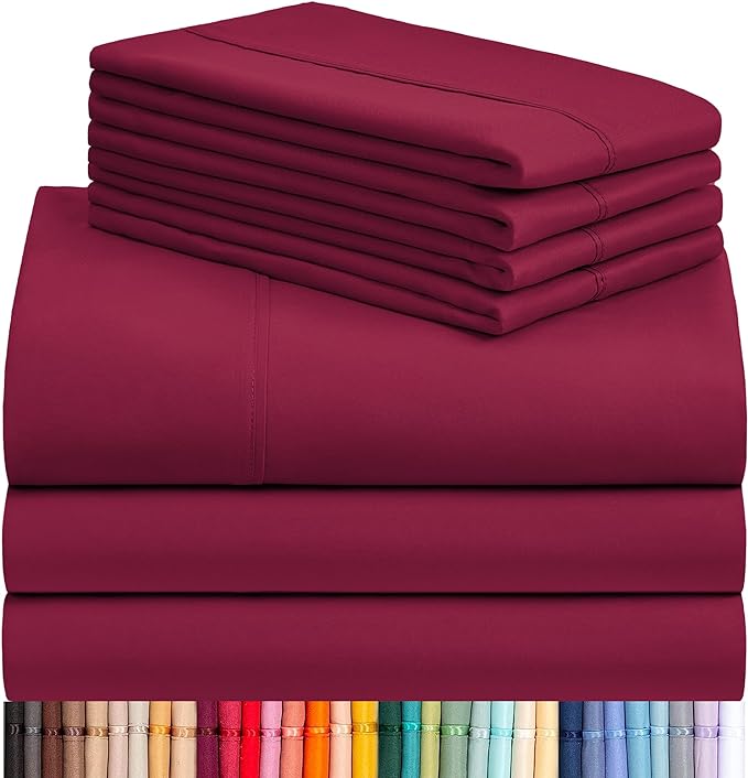 LuxClub 7 PC Split King Sheet Set, Breathable Luxury Bed Sheets, Deep Pockets 18" Eco Friendly Wrinkle Free Cooling Sheets Machine Washable Hotel Bedding Silky Soft - Burgundy Split King - LeafyLoom
