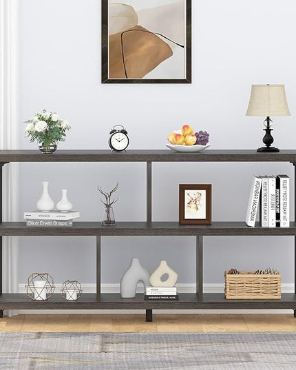 IBF Industrial 5 Cube Storage Organizer Bookshelf, Rustic Low Horizontal Book Shelf, Metal and Wood Cube Bookcase for Bedroom, Modern Wide Cubby Shelf for Living Room Home Office, Dark Grey Oak, 47 In - LeafyLoom