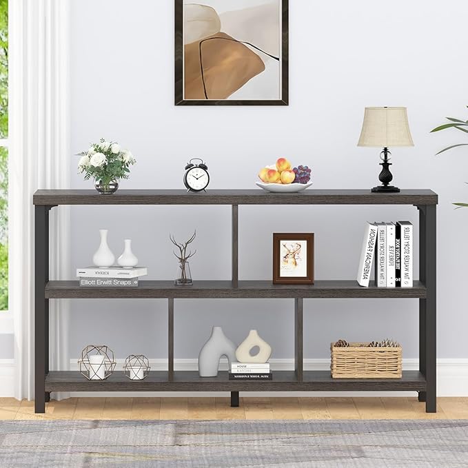 IBF Industrial 5 Cube Storage Organizer Bookshelf, Rustic Low Horizontal Book Shelf, Metal and Wood Cube Bookcase for Bedroom, Modern Wide Cubby Shelf for Living Room Home Office, Dark Grey Oak, 47 In - LeafyLoom