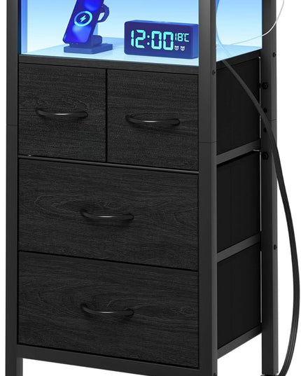Furnulem Tall Night Stand with Charging Station and Led Light, Small Dresser with Open Shelf and 4 Storage Drawers, Black Side Table Fabric Nightstand for Bedroom, Entryway, Bedside Furniture - LeafyLoom