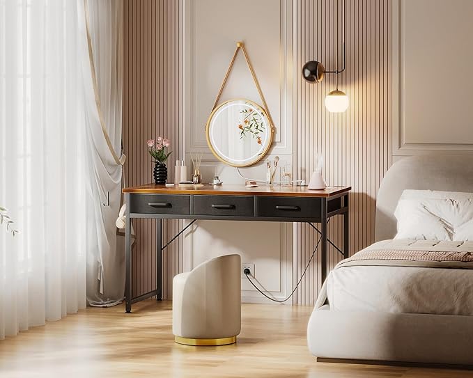 AODK 48 Inch Computer Desk with 3 Fabric Drawers, Office Desk with USB/Type-C Charging Ports & Power Outlets, Vanity Desk with Iron Hook for Bedroom, Study/Writing/Work Table for Bedroom,Vintage - LeafyLoom