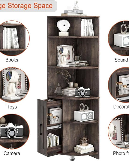 6 Tier Corner Shelf with Drawer, Corner Bookshelf and Corner Bookcase Corner Display Storage Cabinet Stand for Living Room, Bedroom, Office, Small Space, Black Walnut - LeafyLoom