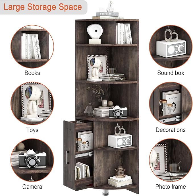 6 Tier Corner Shelf with Drawer, Corner Bookshelf and Corner Bookcase Corner Display Storage Cabinet Stand for Living Room, Bedroom, Office, Small Space, Black Walnut - LeafyLoom