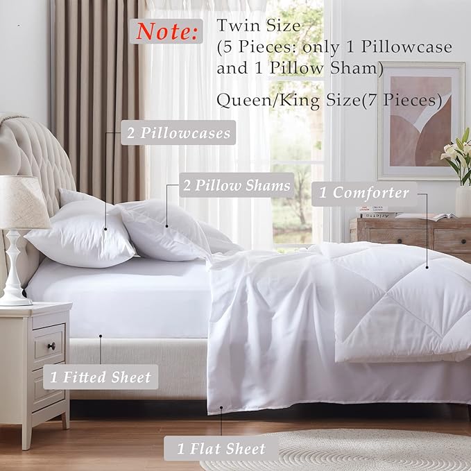 NexHome White Twin Comforter Set, 5-Pieces Bed in a Bag Queen Size Reversible Comforter All Season Soft Bedding Sets with Comforter, Flat Sheet, Fitted Sheet, Pillowcases & Shams - LeafyLoom