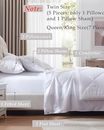 NexHome White King Size Comforter Sets Bed in a Bag 7-Pieces Soft All Season Bedding Sets with Comforter, Pillow Shams, Flat Sheet, Fitted Sheet and Pillowcases - LeafyLoom