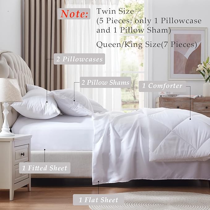 NexHome White King Size Comforter Sets Bed in a Bag 7-Pieces Soft All Season Bedding Sets with Comforter, Pillow Shams, Flat Sheet, Fitted Sheet and Pillowcases - LeafyLoom