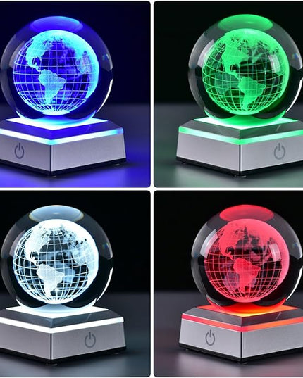 3D Crystal Ball Earth Model, with Led Stand, 3.15'' Globe World Map Planets Glass Ball Decor, Engraved Crystal Sphere with Gift Box, 6 Color Light, Romantic Gifts for Kids Friends - LeafyLoom
