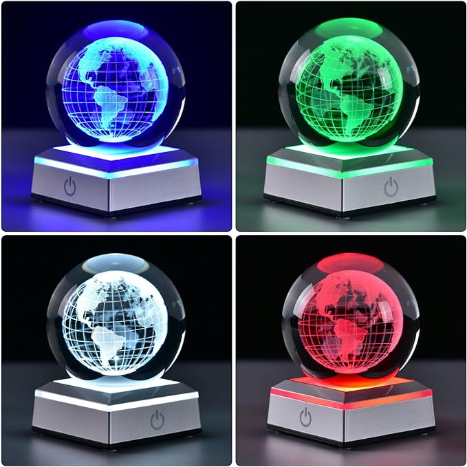 3D Crystal Ball Earth Model, with Led Stand, 3.15'' Globe World Map Planets Glass Ball Decor, Engraved Crystal Sphere with Gift Box, 6 Color Light, Romantic Gifts for Kids Friends - LeafyLoom