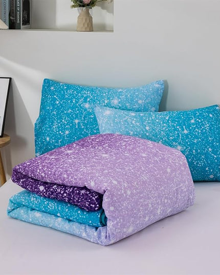 Holawakaka Kids Space Star Glitter Comforter Set Ombre Blue & Purple Print Bedding Set Twin/Twin XL Size Girls Boys Dorm Gradient Galaxy Bed Sets (Blue Purple, Twin) - LeafyLoom
