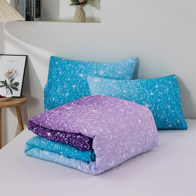 Holawakaka Kids Space Star Glitter Comforter Set Ombre Blue & Purple Print Bedding Set Twin/Twin XL Size Girls Boys Dorm Gradient Galaxy Bed Sets (Blue Purple, Twin) - LeafyLoom