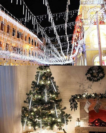 Christmas Lights Outdoor UL Certified Meteor Shower Lights 12Inch 8Tubes 192LED Falling Rain Drop Lights Icicle Snow Cascading Xmas Lights for Tree Wedding Party Garden Decoration,White Weepong